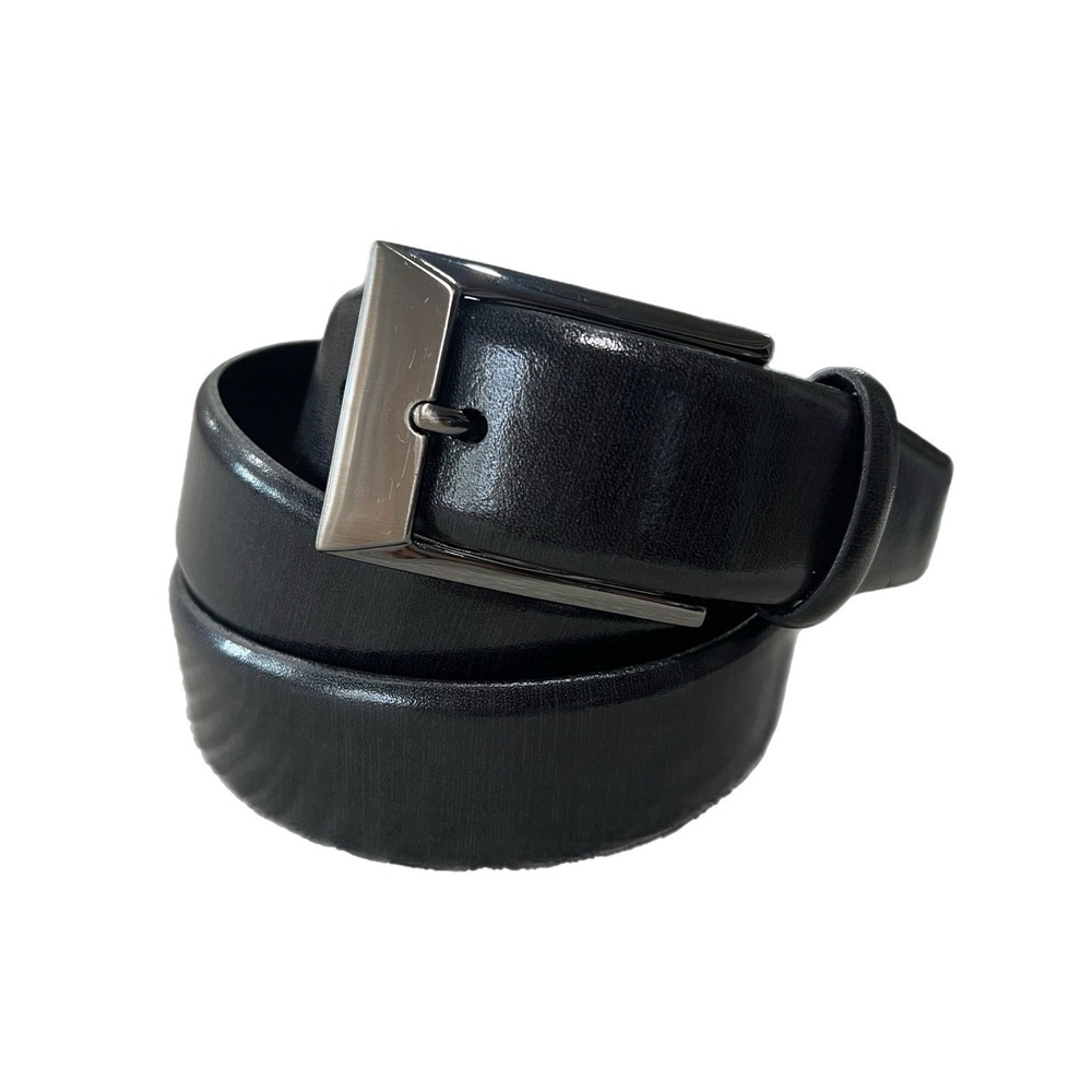 Belt Mens Black Full Grain Italian Leather 38/95 #1218 Brushed Nickel Buckle